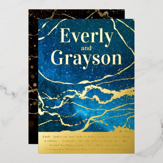 Blue Sky Galaxy Agate Marble Gold Wedding Folie Uitnodiging