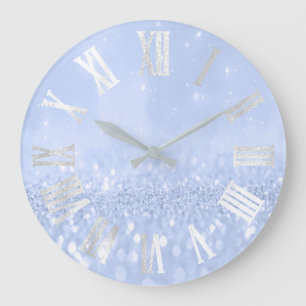 Blue Sky Gray Silver Glitter Metal Roman Numers Grote Klok