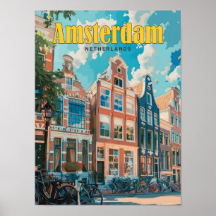 Blue Sky in Amsterdam Nederland Vintage Travel Poster