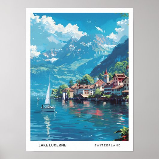 Blue Sky in het meer van Luzern Zwitserland Reizen Poster (Voorkant)