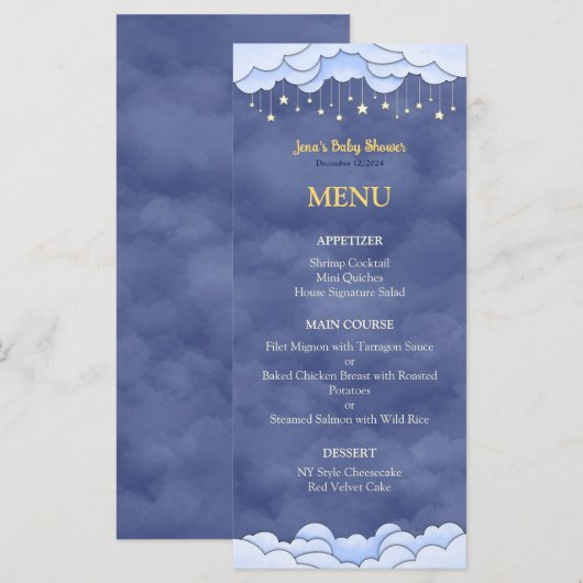 Blue Sky met hangende sterren Baby shower Flat Men Menu (Voorkant / Achterkant)