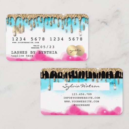 Blue Sky Ocean Waterverf Credit Kaart gouddruppels Visitekaartje (Voorkant / Achterkant)