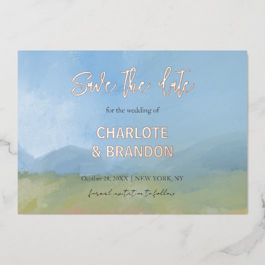 Blue Sky Painted Landscape Wedding Save the Date Folie Uitnodiging (Voorkant)