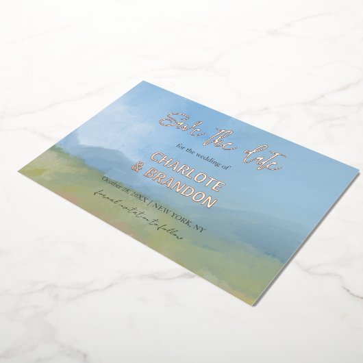 Blue Sky Painted Landscape Wedding Save the Date Folie Uitnodiging (Gedraaid)