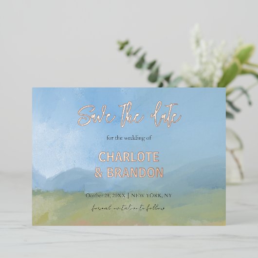 Blue Sky Painted Landscape Wedding Save the Date Folie Uitnodiging (Staand Voorkant)