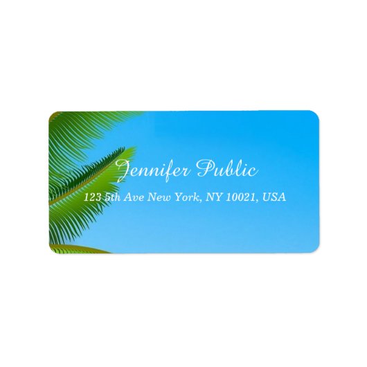 Blue Sky Palm Leaves Elegant Hand Script Sjabloon Etiket (Voorkant)