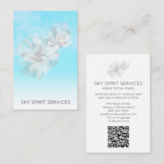 *~* Blue Sky QR Clouds Floral Glitter Shimmer Visitekaartje (Voorkant / Achterkant)