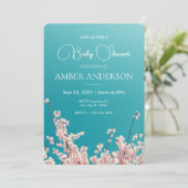 Blue sky sakura bloesem veer baby shower kaart (Staand voorkant)