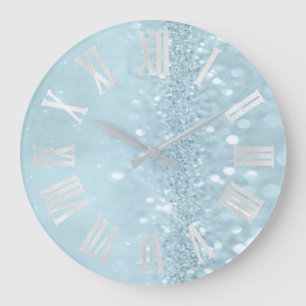 Blue Sky Silver Glitter Grey Roman Numbers Grote Klok