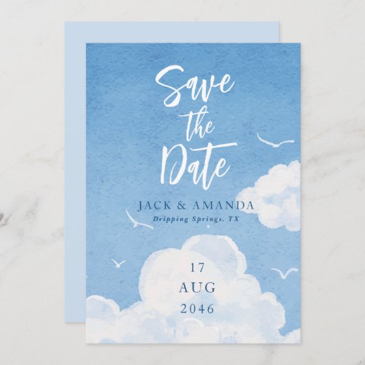 Blue Sky Waterverf Wedding Save the Date Kaarten (Voorkant / Achterkant)