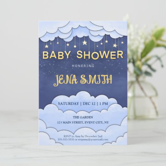 Blue Sky with Hanging Stars Baby shower Uitnodigin Kaart (Staand voorkant)