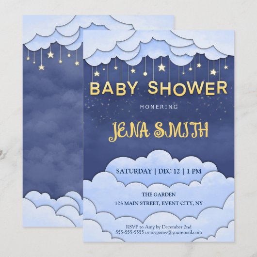 Blue Sky with Hanging Stars Baby shower Uitnodigin Kaart (Voorkant / Achterkant)