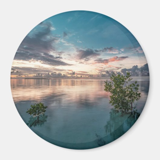 blue sky with red and dark clouds reflected on sea magneet (Voorkant)