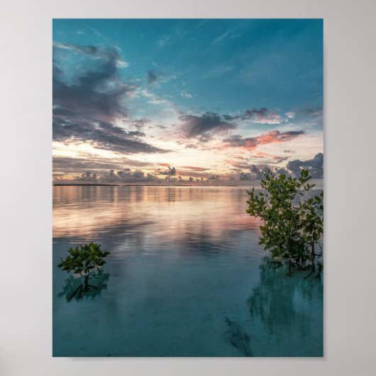 blue sky with red and dark clouds reflected on sea poster (Voorkant)