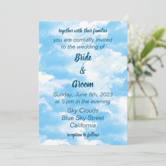 Blue Sky Wolken Bruiloft uitnodiging (Staand voorkant)