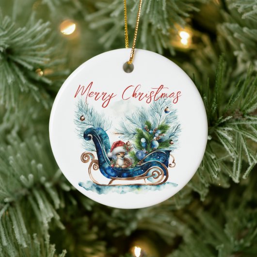 Blue Sled Baby Reindeer Keramisch Ornament (Boom)