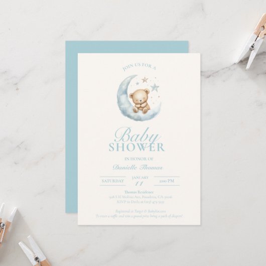 Blue Sleepy Teddy Bear Boy Baby shower Uitnodiging (Voorkant / Achterkant in situ)