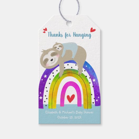 Blue Sloth Boho Rainbow Schattige Boy Baby shower Cadeaulabel (Voorkant)