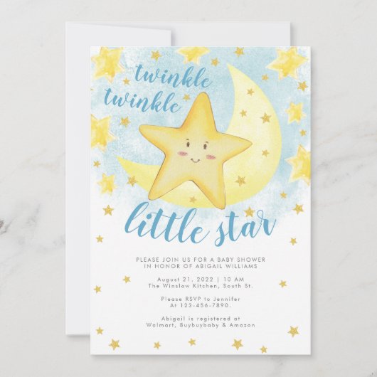 Blue Smiling Gold Twinkle Little Star-Baby shower Kaart (Voorkant)