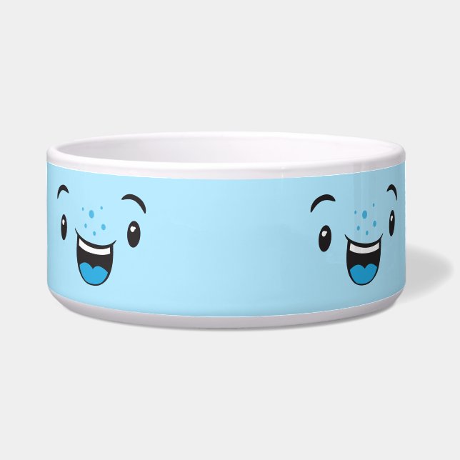 Blue Smiling Kawaii Face Dog Bowl Voerbakje (Voorkant)
