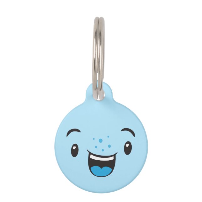 Blue Smiling Kawaii Face Dog Label Huisdierpenning (Voorkant)