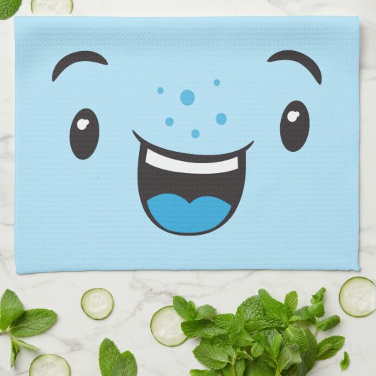 Blue Smiling Kawaii Face Kitchen Towel Theedoek (Gevouwen)
