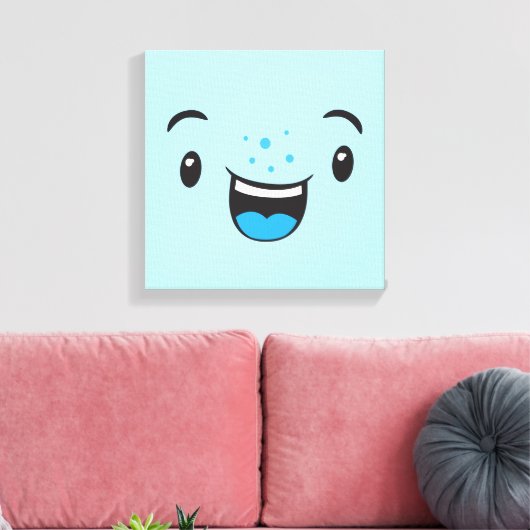 Blue Smiling Kawaii Face Wrapped Canvas (Insitu (Woonkamer))