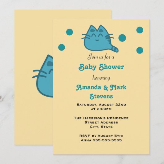 Blue Smiling Kitty Cat Baby shower Kaart (Voorkant / Achterkant)