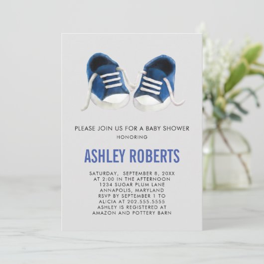 Blue Sneakers Baby shower Invitation, Baby Boy Kaart (Staand voorkant)