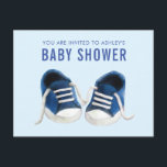 Blue Sneakers Baby shower Invitation Briefkaart<br><div class="desc">Is er iets zo zoets,  als de pitterpatter van kleine voeten? Het ontwerp kenmerkt mijn originele schilderij van klassieke baby sneakers. Neem contact met mij op als u hulp nodig hebt bij het aanpassen van uw bestelling.</div>