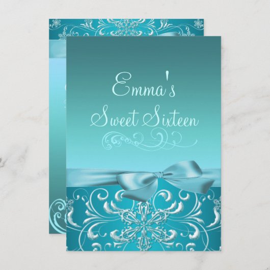 Blue Snow Flake & Bow Afbeelding Verjaardag Uitnod Kaart (Voorkant / Achterkant)