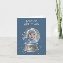 Blue Snow Globe Photo Flat Holiday Card Feestdagen Kaart