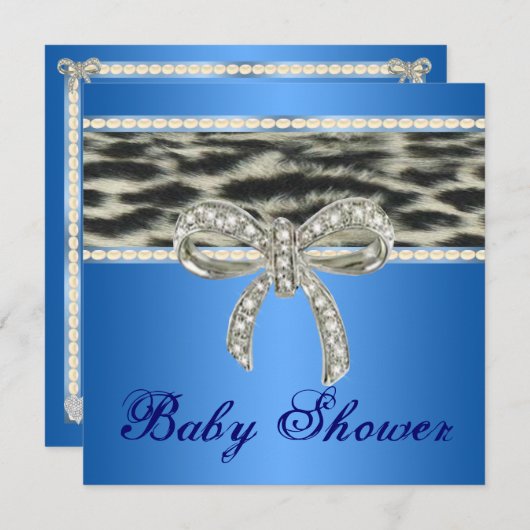 Blue Snow Leopard Diamond Bow Baby shower Invite Kaart (Voorkant / Achterkant)