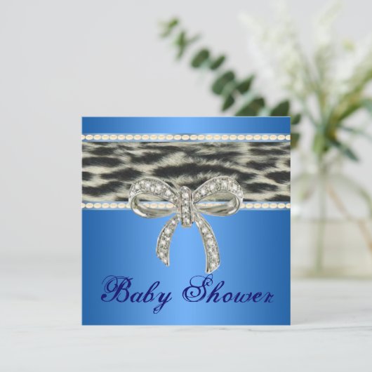 Blue Snow Leopard Diamond Bow Baby shower Invite Kaart (Staand voorkant)