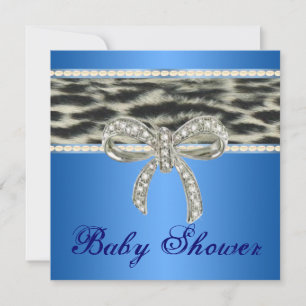 Blue Snow Leopard Diamond Bow Baby shower Invite Kaart