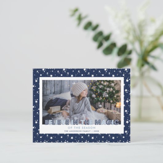 Blue Snow Stars Believe Photo Feestdagenkaart (Staand voorkant)