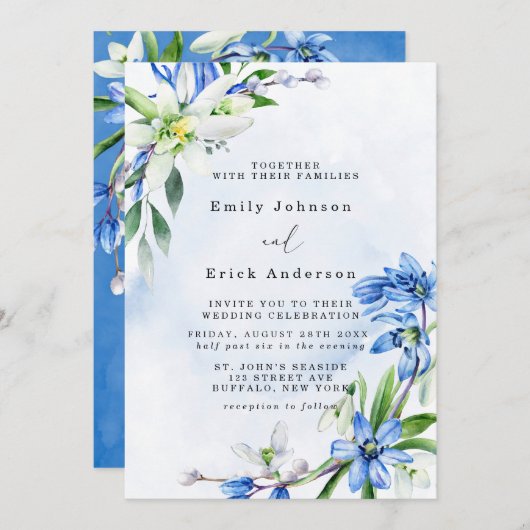 Blue Snowdrops Scilla Spring Floral Wedding Kaart (Voorkant / Achterkant)