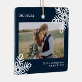Blue Snowflake 1 Kerstmis als Mr & Mrs Foto Keramisch Ornament (Rechts)