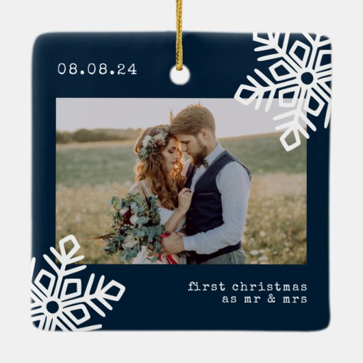 Blue Snowflake 1 Kerstmis als Mr & Mrs Foto Keramisch Ornament (Achterkant)