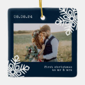 Blue Snowflake 1 Kerstmis als Mr & Mrs Foto Keramisch Ornament (Voorkant)