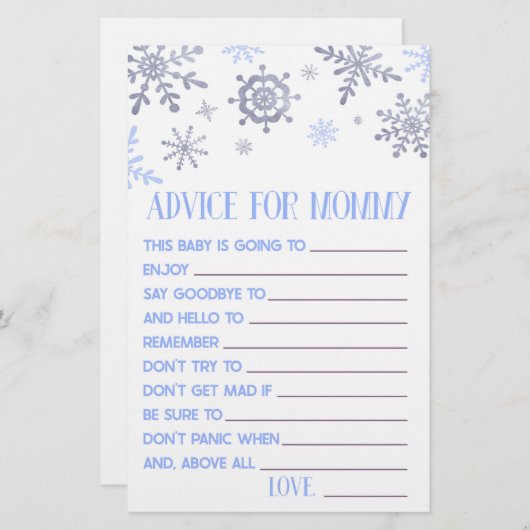 Blue Snowflake Advice Baby shower Game Activity Briefpapier (Voorkant / Achterkant)
