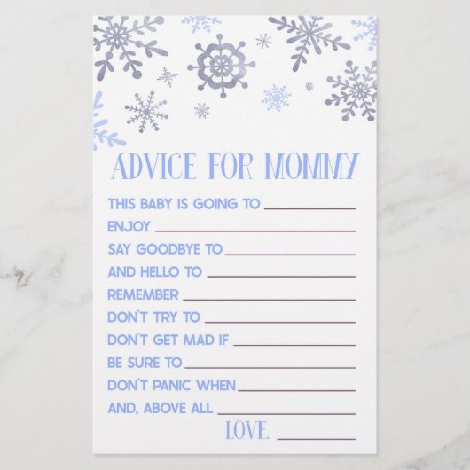 Blue Snowflake Advice Baby shower Game Activity Briefpapier (Voorkant)