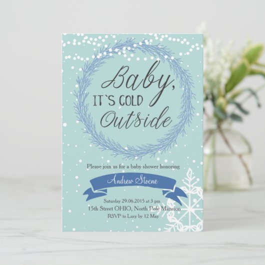 Blue Snowflake Baby Het is koud buiten Uitnodiging (Staand voorkant)