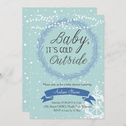Blue Snowflake Baby Het is koud buiten Uitnodiging (Voorkant / Achterkant)