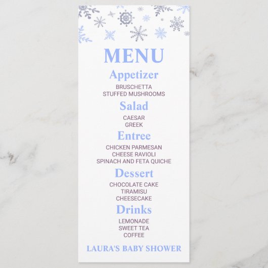 Blue Snowflake Baby shower Food Menu (Voorkant)