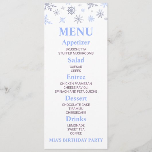 Blue Snowflake Birthday Party Food Menu (Voorkant)