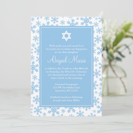 Blue Snowflake Border Star van David Bat Mitzvah Kaart (Staand voorkant)