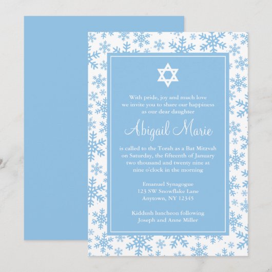 Blue Snowflake Border Star van David Bat Mitzvah Kaart (Voorkant / Achterkant)