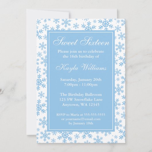 Blue Snowflake Border Winter Wonderland Sweet 16 Kaart (Voorkant)
