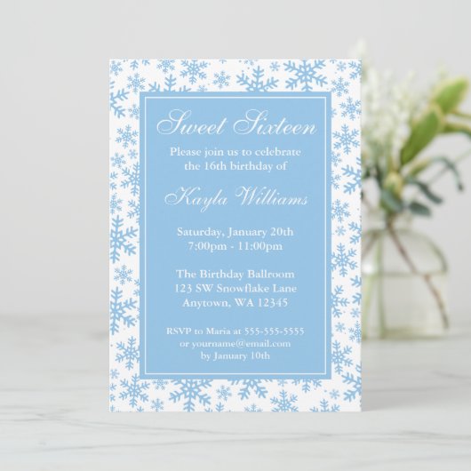Blue Snowflake Border Winter Wonderland Sweet 16 Kaart (Staand voorkant)